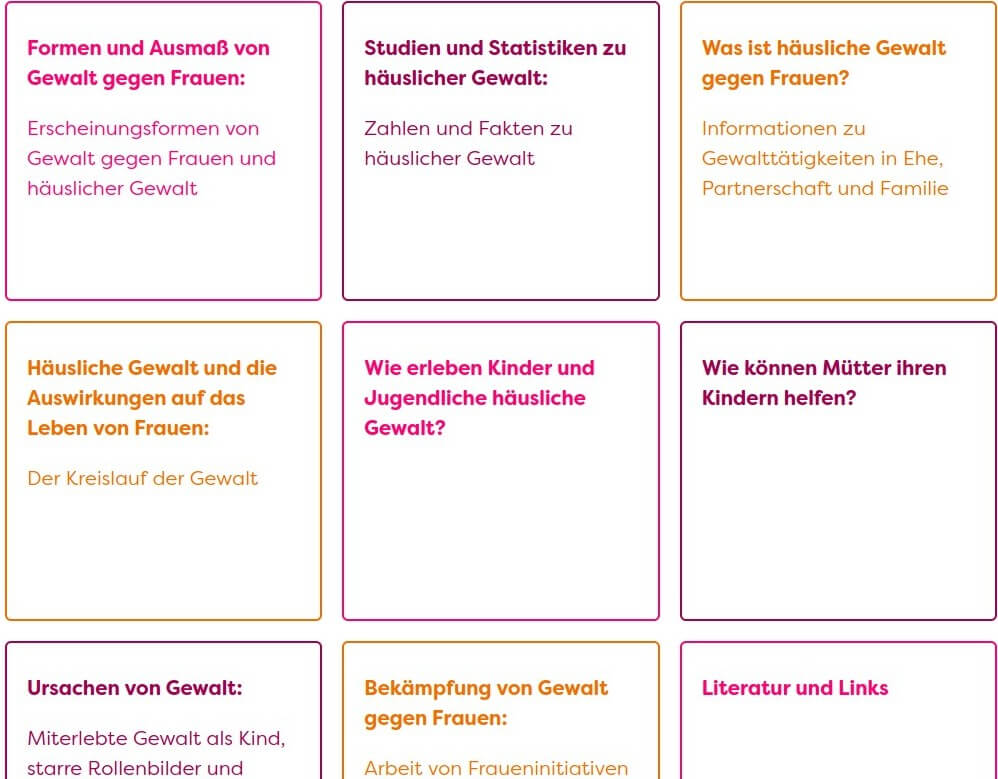 Übersichtsseite auf großem Bildschirm mit Kästen in den Farben pink-weinrot-orange, orange-pink-weinrot, weinrot-orange-pink
