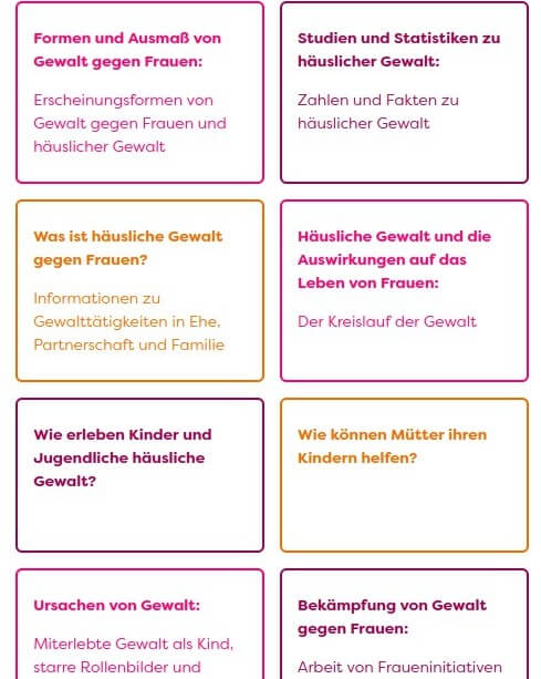 Übersichtsseite auf kleinerem Bildschirm mit Kästen in den Farben pink-weinrot, orange-pink, weinrot-orange