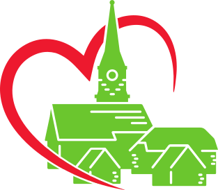 eine frischgrüne Kirche mit ein paar Häusern, umrandet von einem roten, nicht ganz durchgehenden Herz